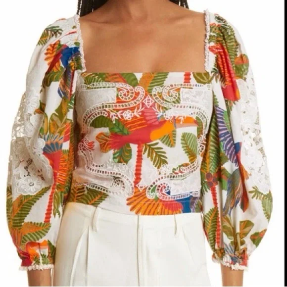 NWT Farm Rio Forest Birds crochet and guipure lace Cropped Blouse Size L - Picture 10 of 16